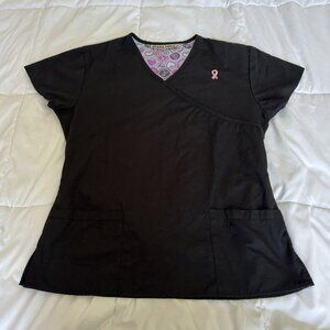 Greentown Womens Medium Scrub Top Black Pink Breast Cancer Awareness Pockets
